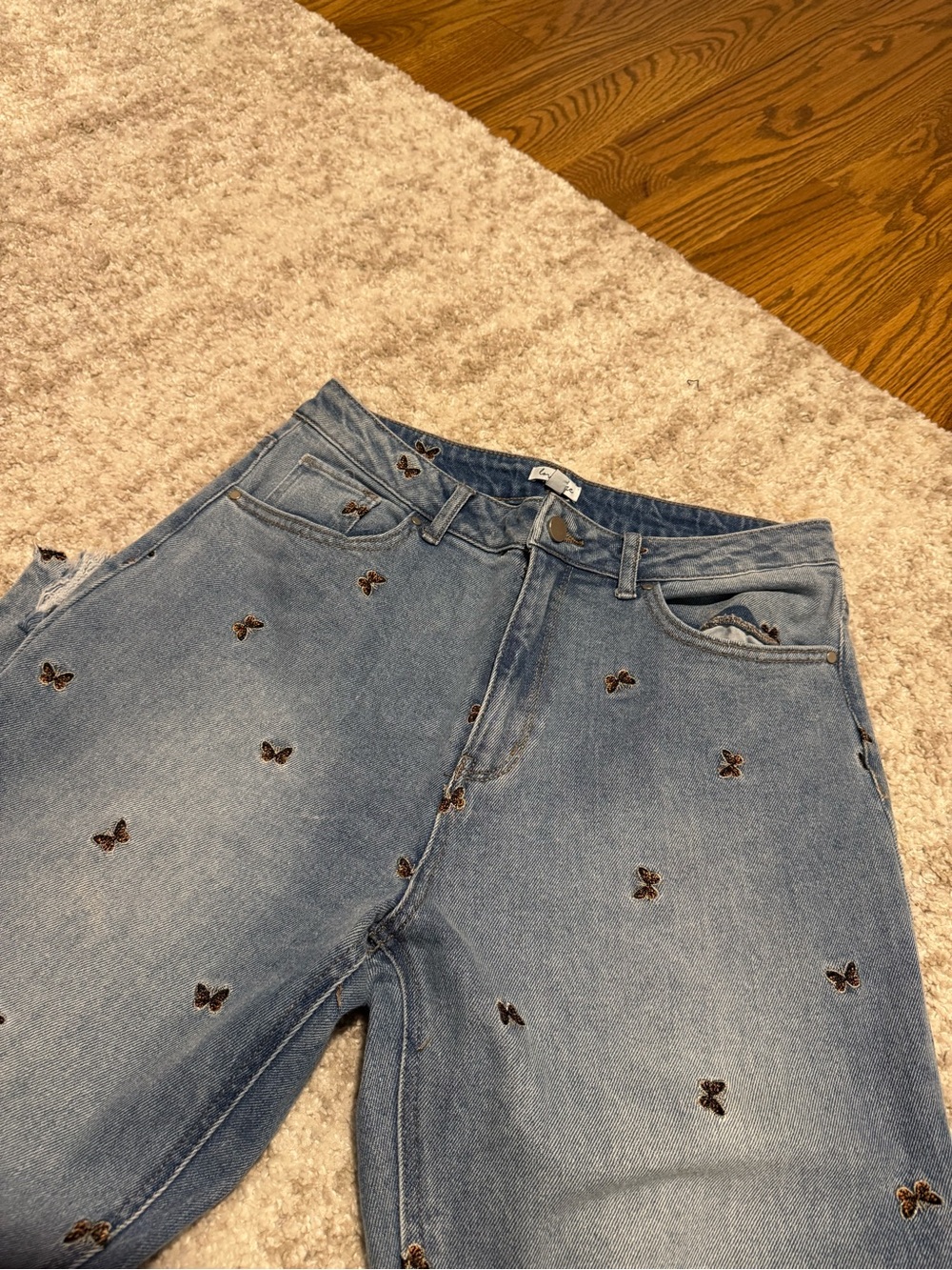 love, Fire Blue Cropped Jeans with Embroidered Butterflies